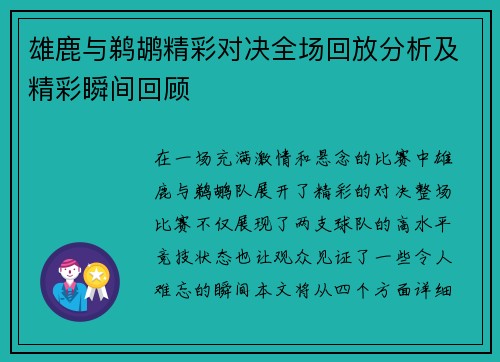 雄鹿与鹈鹕精彩对决全场回放分析及精彩瞬间回顾