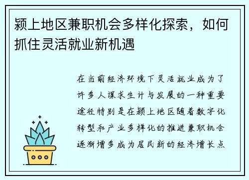 颍上地区兼职机会多样化探索，如何抓住灵活就业新机遇