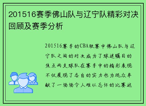 201516赛季佛山队与辽宁队精彩对决回顾及赛季分析