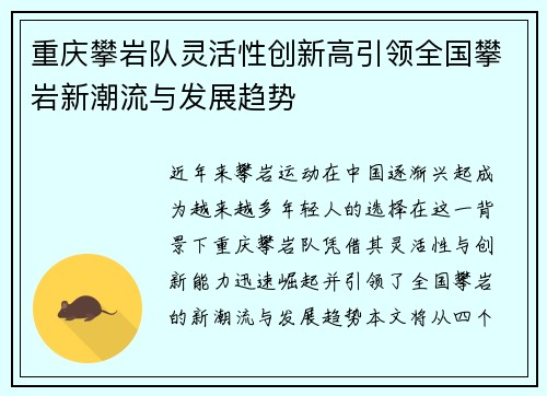 重庆攀岩队灵活性创新高引领全国攀岩新潮流与发展趋势