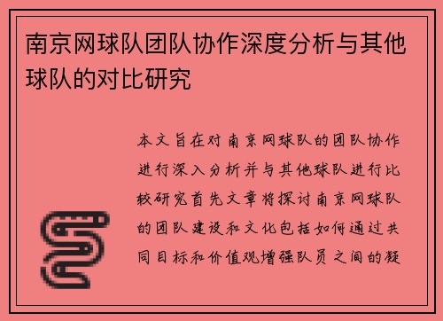南京网球队团队协作深度分析与其他球队的对比研究