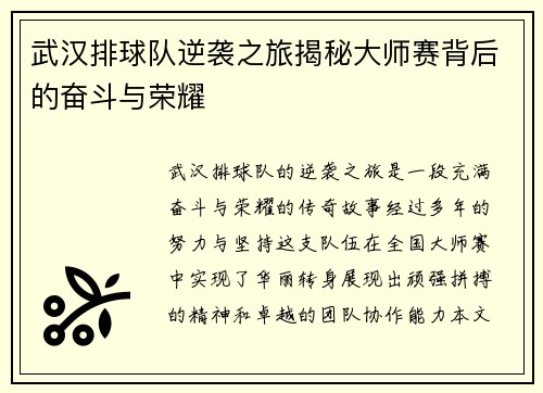 武汉排球队逆袭之旅揭秘大师赛背后的奋斗与荣耀