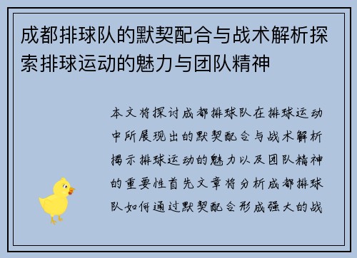 成都排球队的默契配合与战术解析探索排球运动的魅力与团队精神