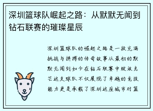 深圳篮球队崛起之路：从默默无闻到钻石联赛的璀璨星辰